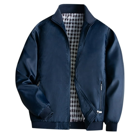MRULIC Jackets for men Father's Solid Sports Flight Jacket Outdoor Zipper Stand Collar Plaid Lining Cardigan With Pockets Men's CoatMen's Casual Jackets Dark blue + 3XL