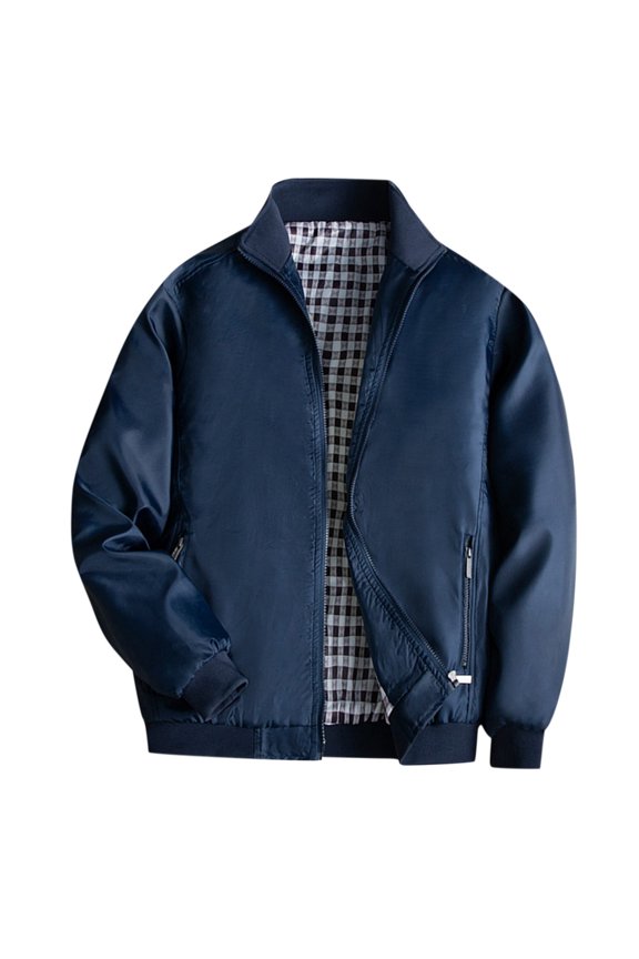 Jackets for men Father's Solid Sports Flight Jacket Outdoor Zipper Stand Collar Plaid Lining Cardigan With Pockets Men's CoatMen's Casual Jackets Dark blue + XL