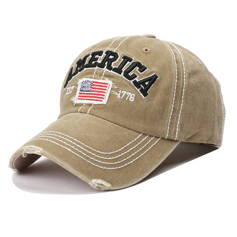 MRULIC baseball cap Caps With American Men's Women's Baseball Sports Worn  Holes Flag Sun Hats And Washed And Baseball Caps Khaki + One size