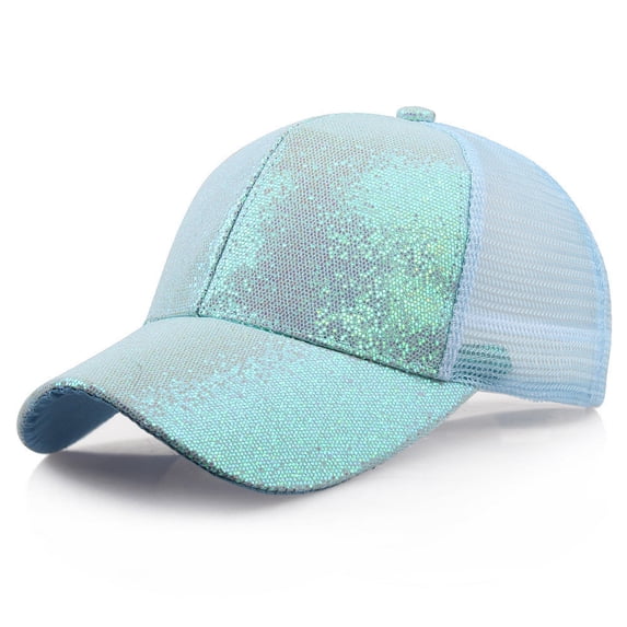 MRULIC baseball cap Women Girl Ponytail Baseball Cap Sequins Shiny Messy Bun Snapback Hat Sun Caps Blue + S