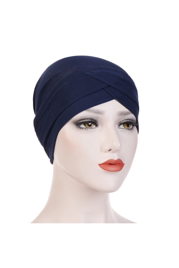 baseball cap Women Solid India Hat Muslim Ruffle Cancer Chemo Beanie Turban Wrap Scarf Cap Navy Blue + One size
