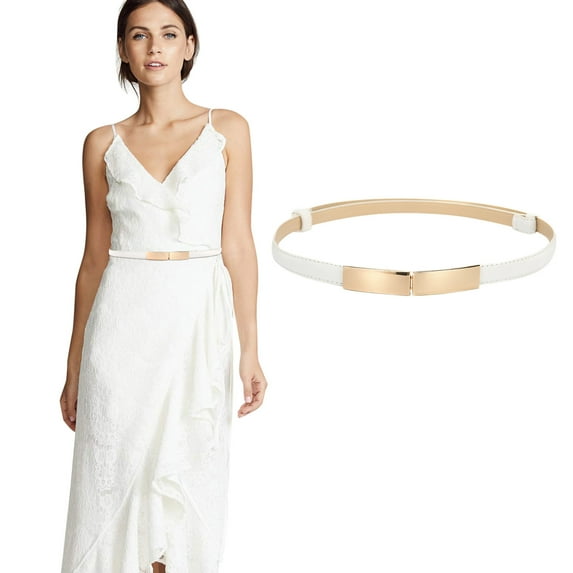MRULIC belts for women Women Skinny Leather Belt Ladies Slim Belt Metal Buckle Thin Elastic Fashion Dress Belt White + One size