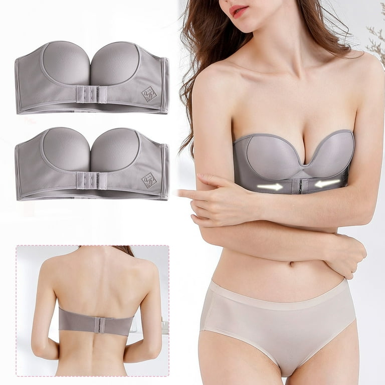 MRULIC bras for women Womens 2PCS Solid Color Strapless Non Slip Adjustment  Rimless Dress Bra Grey + 75E