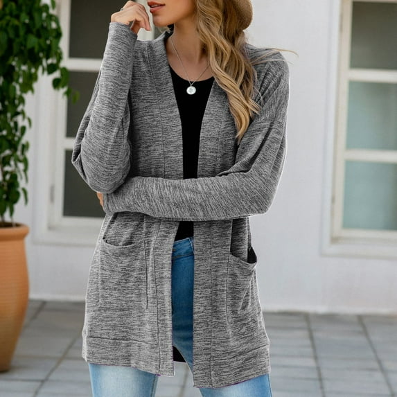 MRULIC cardigan for women Fashion Women Long Sleeve Casual Winter Cardigan Pocket Solid Color CoatWomen's Cardigan Grey + US:12