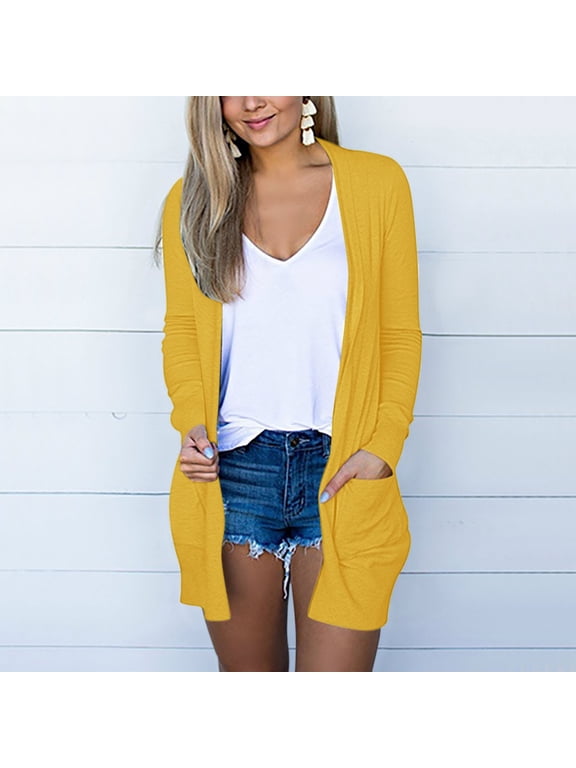 cardigan for women Long Sleeve Cardigan For Women Fall Open Front Cardigan With Pockets Casual Duster Lightweight Cardigan SweaterWomen's Cardigan Yellow + XL