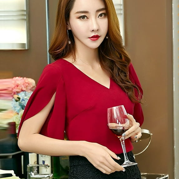 MRULIC chiffon blouses for women Chiffon Women Half Sleeve Butterfly Sleeve Blouse Solid V-Neck Casual Tops Women's Chiffon Shirt Red + 3XL