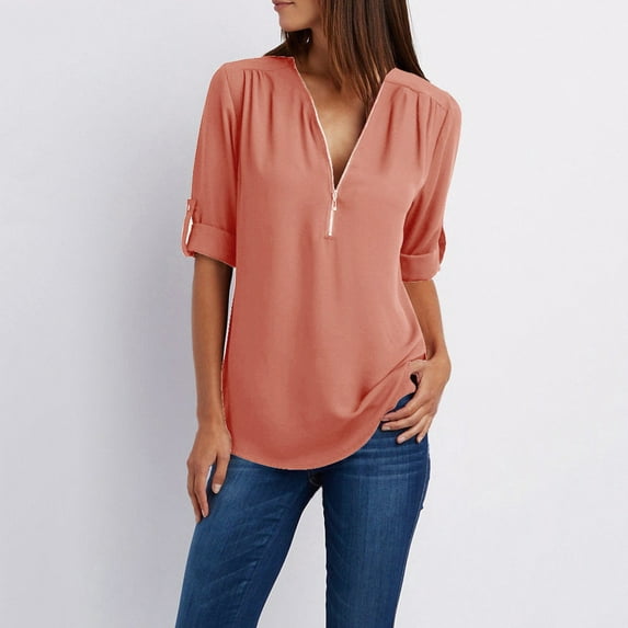 MRULIC chiffon blouses for women Women Ladies Zipper Button Long Sleeves Loose Chiffon Shirt Clothing Women's Chiffon Shirt Orange + L
