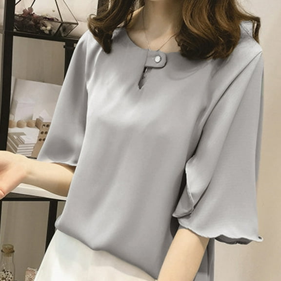 MRULIC chiffon blouses for women Women Work Office Short-sleeve Solid Color Casual Chiffon Plus Shirt Top Women's Chiffon Shirt Grey + L