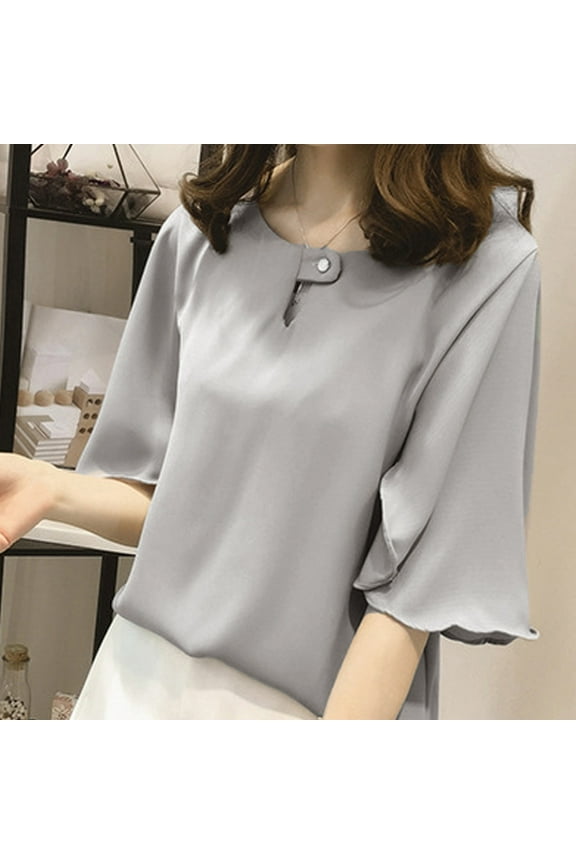 chiffon blouses for women Women Work Office Short-sleeve Solid Color Casual Chiffon Plus Shirt Top Women's Chiffon Shirt Grey + L
