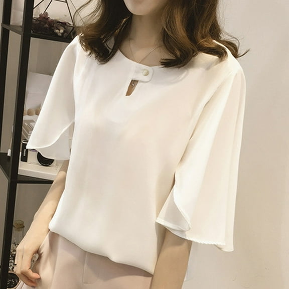 MRULIC chiffon blouses for women Women Work Office Short-sleeve Solid Color Casual Chiffon Plus Shirt Top Women's Chiffon Shirt White + L