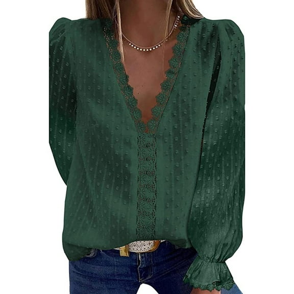 MRULIC chiffon blouses for women Elegant Womens Chiffon Blouse Lantern V Neck Casual Long Sleeve Dot Blouses Shirts Spring Summer Autumn Tunic Tops Plus Size Lace Blouses For Women Green + S