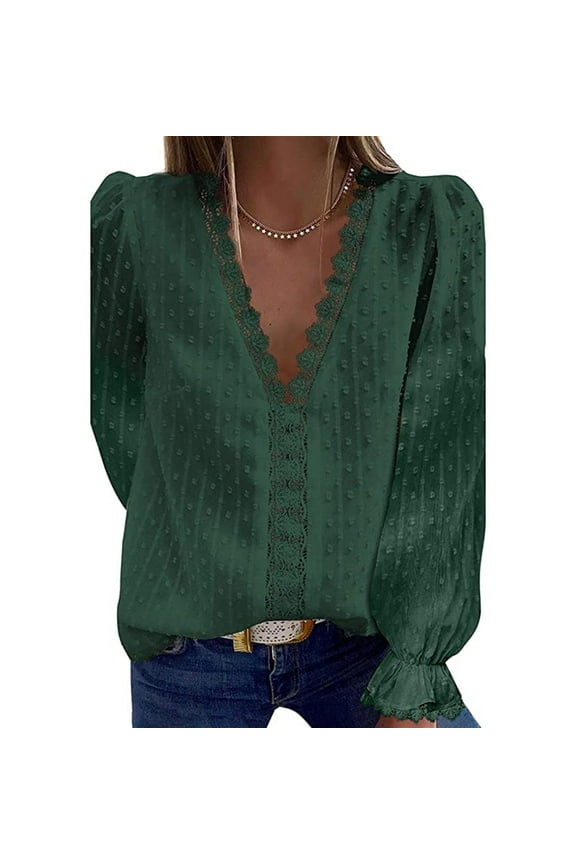 chiffon blouses for women Elegant Womens Chiffon Blouse Lantern V Neck Casual Long Sleeve Dot Blouses Shirts Spring Summer Autumn Tunic Tops Plus Size Lace Blouses For Women Green + XXL
