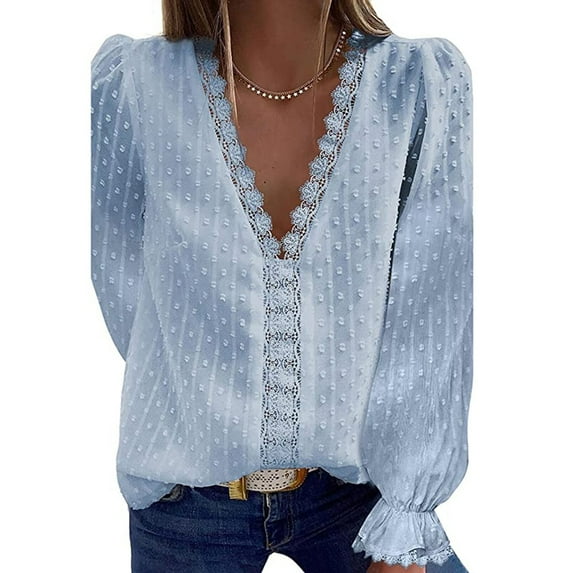 MRULIC chiffon blouses for women Elegant Womens Chiffon Blouse Lantern V Neck Casual Long Sleeve Dot Blouses Shirts Spring Summer Autumn Tunic Tops Plus Size Lace Blouses For Women Sky Blue + M