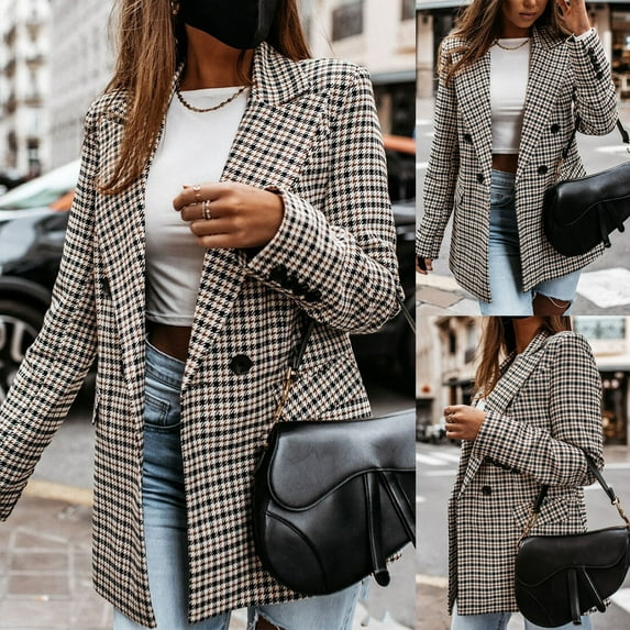MRULIC coat for women Women Vintage Button Down Fashion Lapel Collar Double Breasted Flap Detail Plaid Blazers Women's Fleece Jackets Coats Black + L