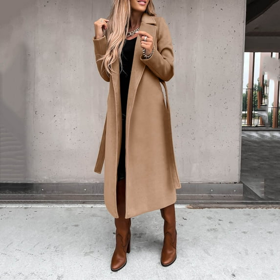 MRULIC coat for women Women's Faux Wool Thin Coat Trench Jacket Ladies Slim Long Belt Overcoat Outwear Women's Fleece Jackets Coats Khaki + L