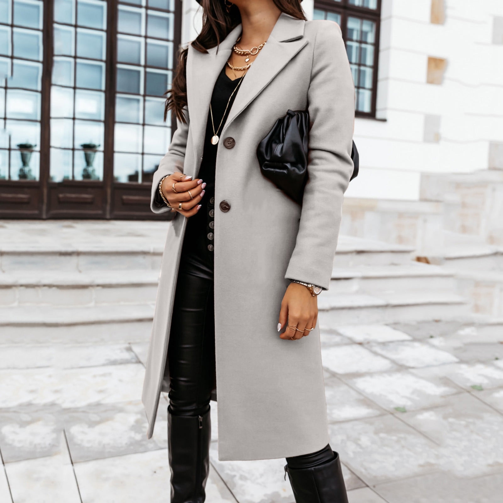 MRULIC coat for women Women's Wool Thin Coat Trench Jacket Ladies Slim Long  Overcoat Outwear Women's Jackets Coats Grey + S