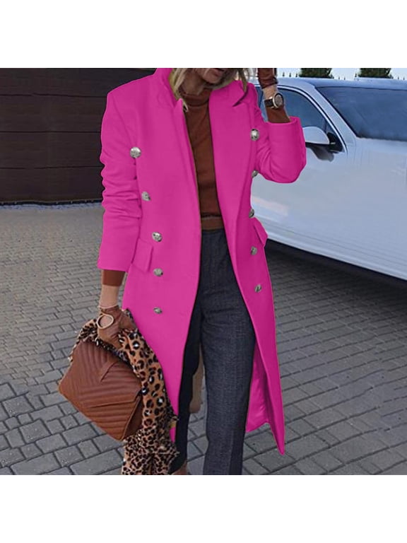 winter coats for women Women's Faux Wool Thin Coat Jacket Trench Long Jacket Ladies Slim Long Elegant Soft Warm Outwear Casual Solid Coat Hot Pink + 3XL