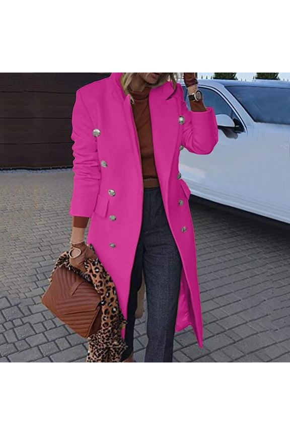 coat for women Women's Wool Thin Coat Trench Jacket Ladies Slim Long Overcoat Outwear Women's Jackets Coats Hot Pink + L