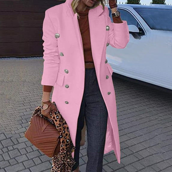 MRULIC coat for women Women's Wool Thin Coat Trench Jacket Ladies Slim Long Overcoat Outwear Women's Jackets Coats Pink + L