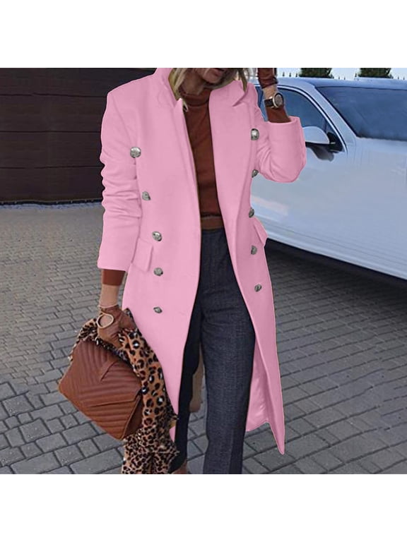 coat for women Women's Wool Thin Coat Trench Jacket Ladies Slim Long Overcoat Outwear Women's Jackets Coats Pink + M
