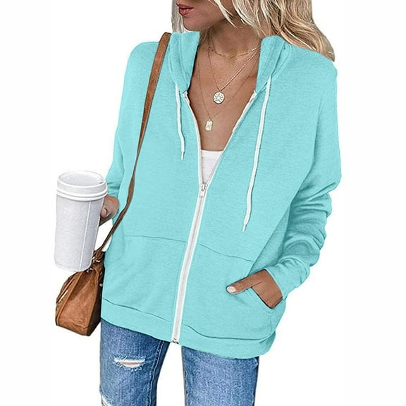 MRULIC coat for women Womens Hoodie Full Zip Long Sleeve Lightweight Sweatshirts Pockets Jacket Coat Women's Fleece Jackets Coats Light blue   M