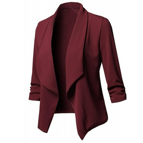 MRULIC coat for women Womens Solid Open Front Cardigan Long Sleeve Blazer Casual Jacket Coat Women's Blazers Suit Jackets Wine + L