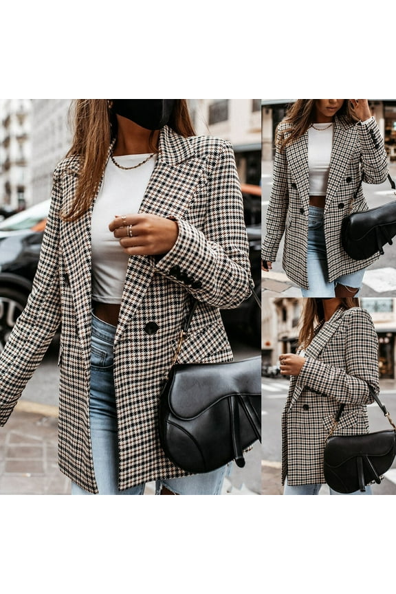 coat for women Women Vintage Button Down Fashion Lapel Collar Double Breasted Flap Detail Plaid Blazers Women's Fleece Jackets Coats Black + XL