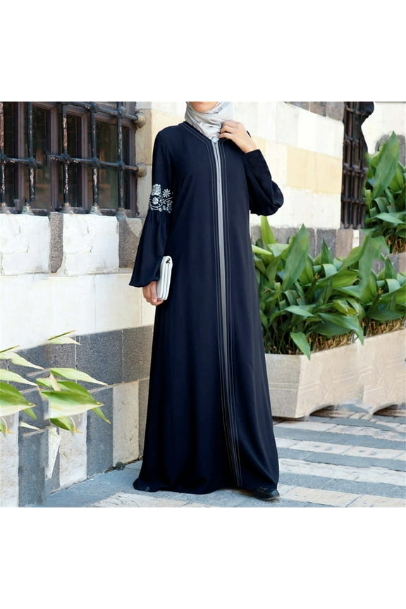 dress for women Women Abaya Long Dress Floral Printed Vintage Kaftan Maxi Dresses Blue + L