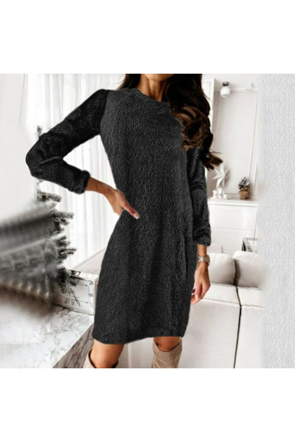 dresses for women 2022 Trendy Womens Sweater Dress O Neck Long Sleeve Solid Knitted Fleece DressesWomen's Sweater Dress Black + XXL