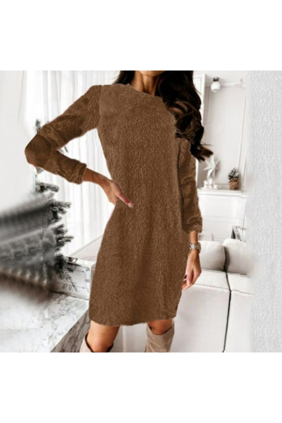 dresses for women 2022 Trendy Womens Sweater Dress O Neck Long Sleeve Solid Knitted Fleece DressesWomen's Sweater Dress Brown + XXL