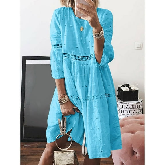 MRULIC dresses for women 2022 Women Boho Solid Neck Dresses Hollow Out Splice 3/4 Sleeve Mid-Long Dresses Women's Casual Dress Blue + L