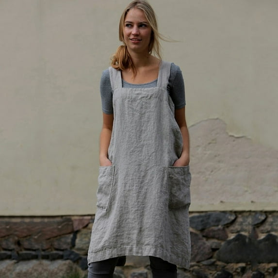 MRULIC dresses for women 2022 Women Cotton Linen Pinafore Square Cross Apron Garden Work Pinafore Dress Women's Casual Dress Grey + XXL