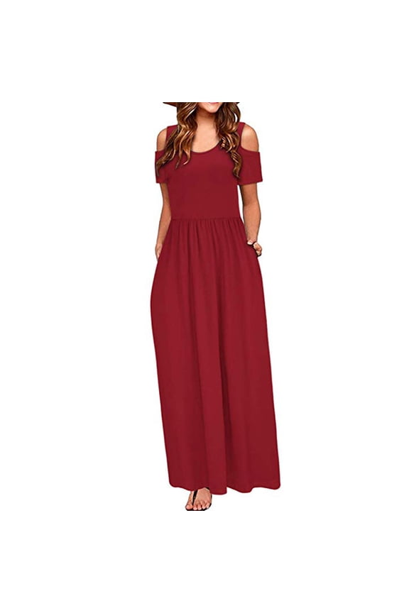 dresses for women 2022 Women Summer Cold Shoulder Floral Print Elegant Maxi Long Dress Pocket Dress Women's Casual Dress Red + XXL