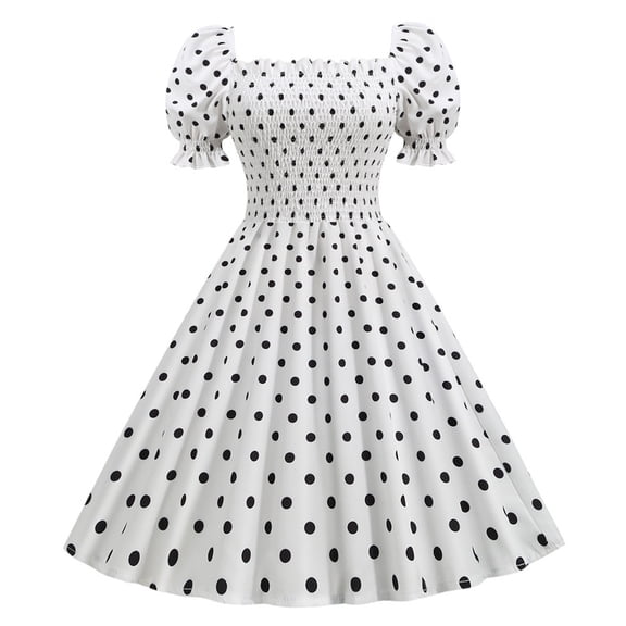 MRULIC dresses for women 2022 Women's Casual Short Sleeve Collar-Neck Retro Polka Dot Print Large Dress Women's Casual Dress White S