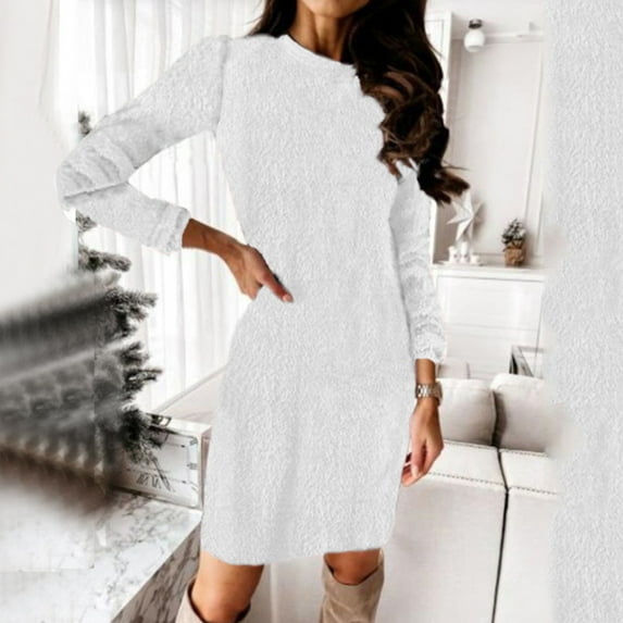MRULIC dresses for women 2022 Women's Sweater Jumper Dress Short Mini Dress Long Sleeve Solid Color Patchwork Women's Sweater Dress White + S