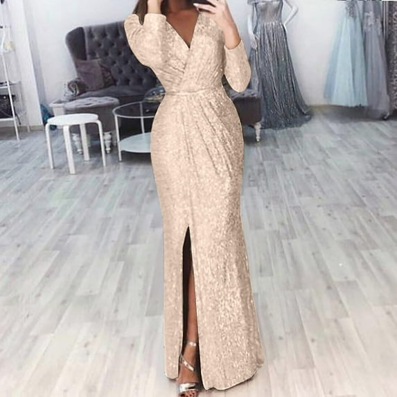 MRULIC dresses for women 2022 Women's Sexy Dress Formal Gowns And Evening Dresses Sheath Sleeve V Neck Party Club Wrap Mini Dress Women's Casual Dress Gold + L