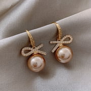 MRULIC earrings for women Earrings For Women Earrings Fashion Bow Rhinestones Pearl Ribbon Earrings Khaki + One Size