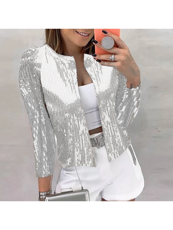 jackets for women Women Casual Fashion Sequin Sequins Sparkling Cardigan Jacket Silver + L