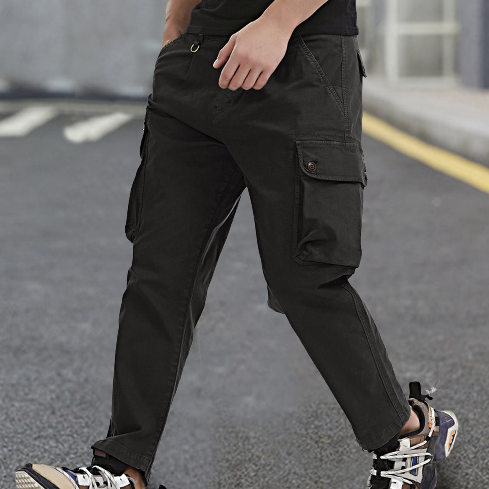 MRULIC jeans for men Cargo Mid-waist Trousers Cargo Pants Men's Zip With  Multi-pocket Fit Solid Relaxed Men's pants Men Cargo Pants Black + 31