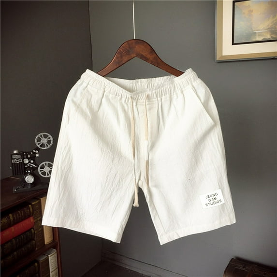 MRULIC jeans for men Large Loose Fashion Shorts Summer Beach Belt Flax Men's Size Drawstring Leisure Men's pants Men Board Shorts White + 4XL