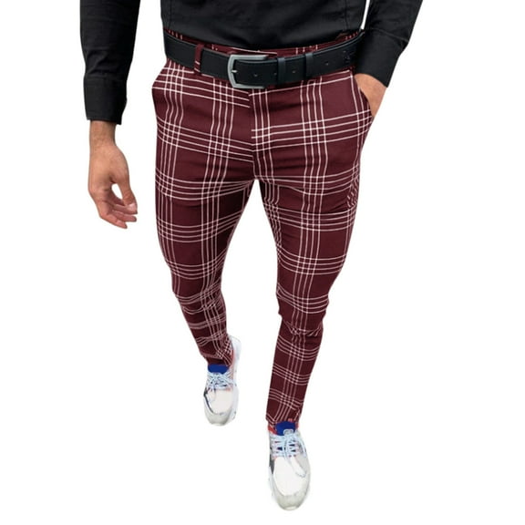 MRULIC jeans for men Male Casual Plaid Print Skinny Pencil Pants Zipper Elastic Waist Pants Trousers Men Casual Pants Wine + M