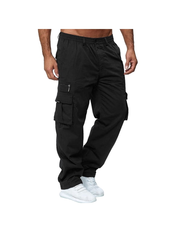 jeans for men Overalls Men's Multi-pocket Pants Pants Straight-leg Fitness Sports Men's pants Men Cargo Pants Black + XL