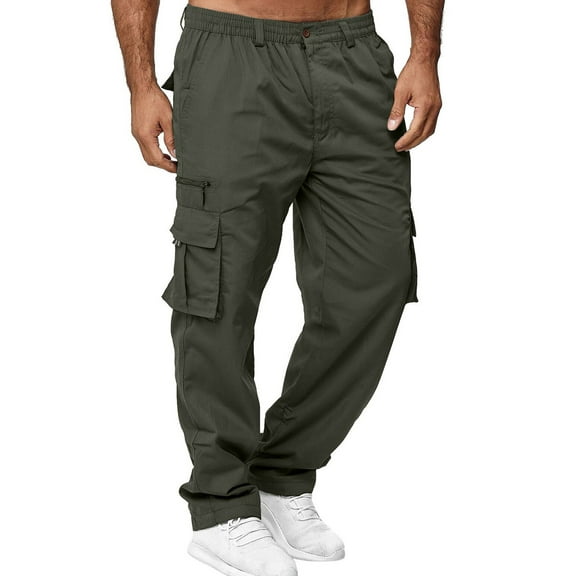 MRULIC jeans for men Overalls Men's Multi-pocket Pants Pants Straight-leg Fitness Sports Men's pants Men Cargo Pants Green   L