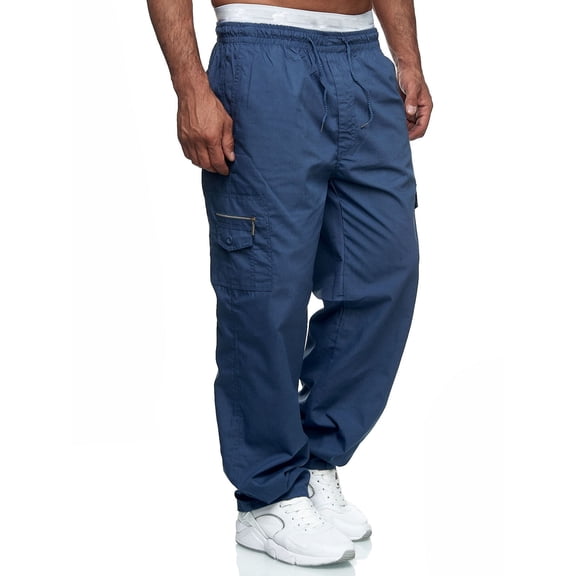 MRULIC jeans for men Pants Multi-pocket Pants Fitness Sports Men's Straight-leg Overalls Men's pants Men Cargo Pants Blue + XXL