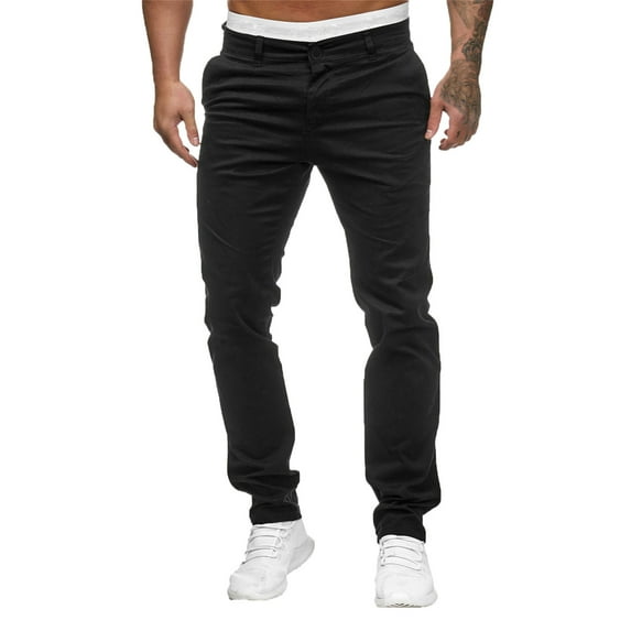 MRULIC jeans for men Slim Waist Full Trousers Men's Casual Solid Mid Pocket Length Fashion Pant Men's pants Men Casual Pants Black + L