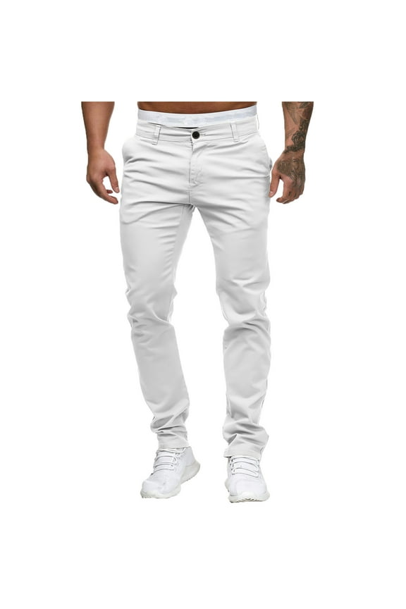 jeans for men Slim Waist Full Trousers Men's Casual Solid Mid Pocket Length Fashion Pant Men's pants Men Casual Pants White + 3XL