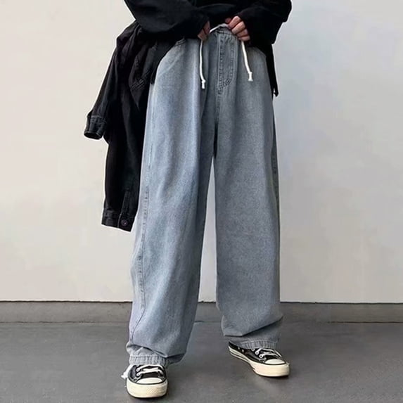 MRULIC jeans for men Street Elastic Plus-Size Loose Leg Wide Pants Waist Men's Trousers Fashion Jeans Men's pants Men Jeans Blue + L