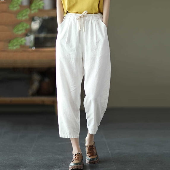 MRULIC jeans for women Womens Solid Cotton And Linen Pocket Elastic Waist Loose Trousers Pants White + L