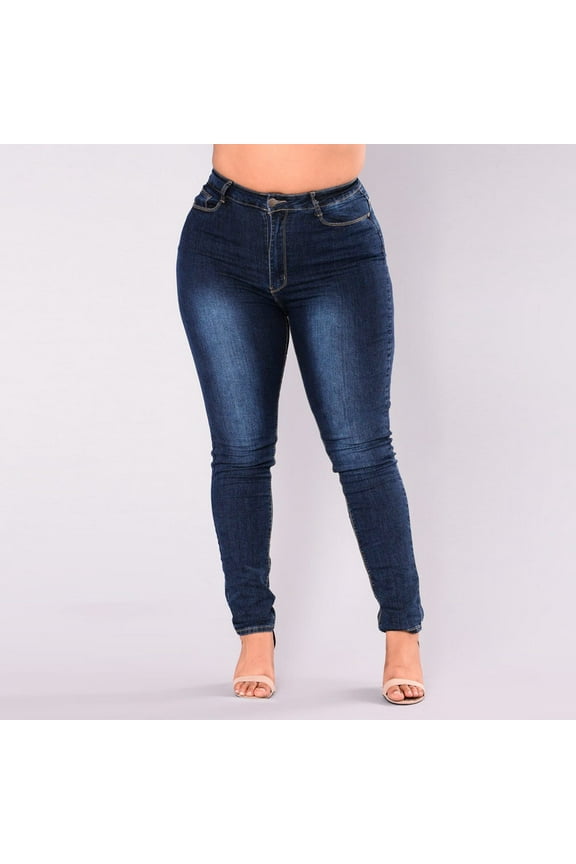 jeans for women Women Plus Size Stretch Slim Denim Skinny Jeans Pants High Waist Pencil Trousers Dark blue + 4XL