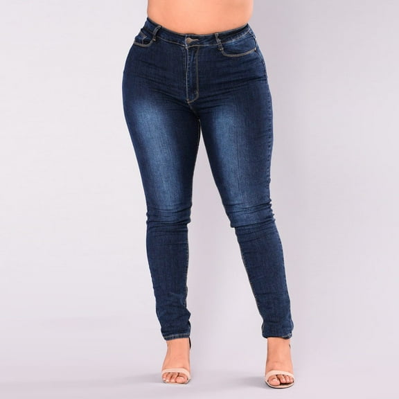 MRULIC jeans for women Women Trousers Pencil Denim Skinny High Jeans Plus Stretch Slim Pants Size Waist Women's Jeans Dark blue + XXL